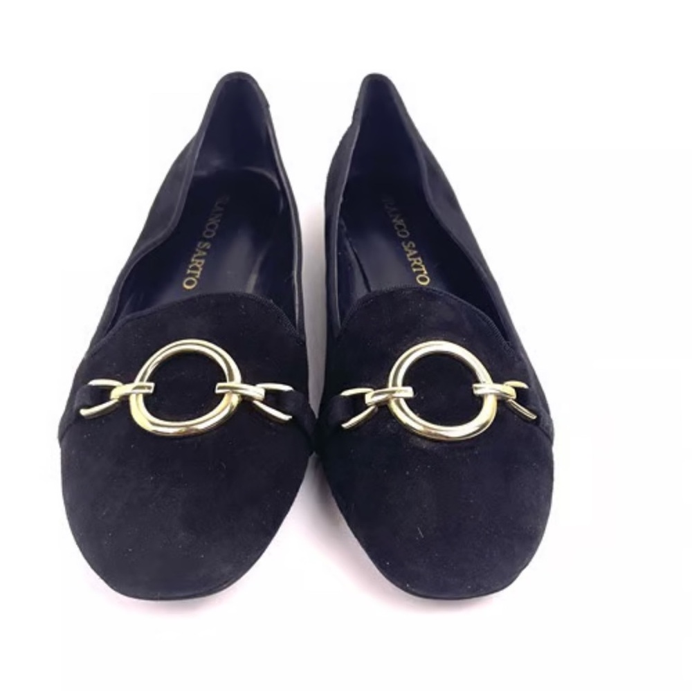 Franco Sarto Black Flats with Gold Chain Detail